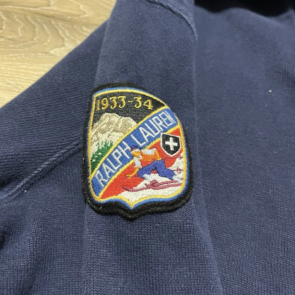 Polo Ralph Lauren Sweater Men's Large Blue 1/4 Zip‎ Pullover Big Pony Ski Patch